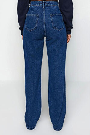Stil Kadın Moda Denim Kot Pantolon Regular Geniş Paça Taş Cep Detaylı Yüksek Bel Jeans