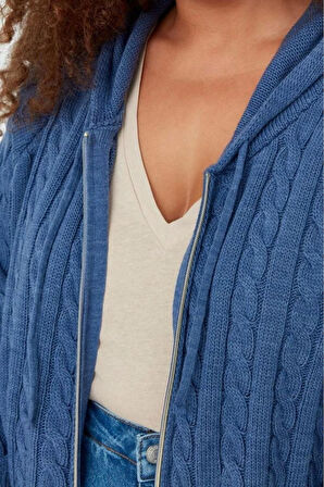 Büyük Beden Kadın Modern Tarz Rahat Uzun Kapüşonlu Saç Örgü Kol Regular Triko Hırka