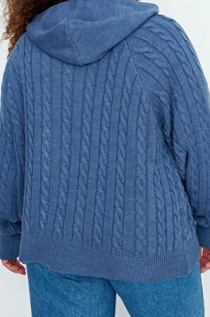 Büyük Beden Kadın Modern Tarz Rahat Uzun Kapüşonlu Saç Örgü Kol Regular Triko Hırka