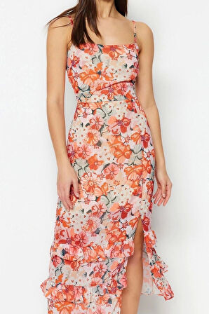 Moda Rahat Gündüz Gece Şifon Dokuma Kare Yaka Uzun Kol A-Line Midi Boy Büyük Beden Elbise