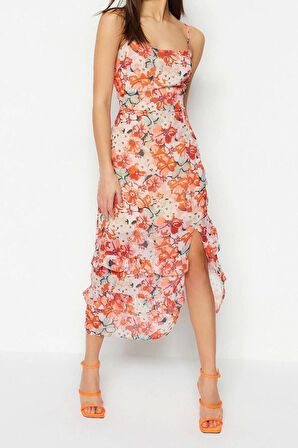 Moda Rahat Gündüz Gece Şifon Dokuma Kare Yaka Uzun Kol A-Line Midi Boy Büyük Beden Elbise