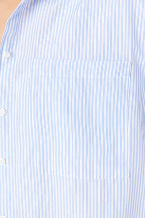 Moda Kadın Gömlek Yaka Çizgili Desen Resmi Çizgili Cep Detaylı Oversize Geniş Kalıp Dokuma Gömlek