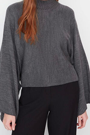 Stil Modern Kadın Regular Düşük Kol Dik Yaka Geniş Kalıp Yarasa Kol Triko Kazak