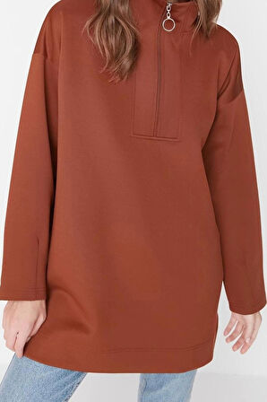 Tesettür Tarz Regular Dik Yaka Düşük Kol Regular Fermuar Detaylı Dalgıç Scuba Örme Sweatshirt