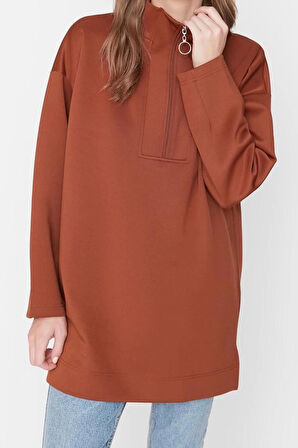 Tesettür Tarz Regular Dik Yaka Düşük Kol Regular Fermuar Detaylı Dalgıç Scuba Örme Sweatshirt