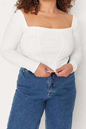 Moda Büyük Beden Kare Yaka Örme Fit Düz Desen Casual Günlük Crop Uzun Kol Bluz