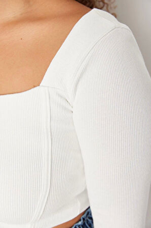 Moda Büyük Beden Kare Yaka Örme Fit Düz Desen Casual Günlük Crop Uzun Kol Bluz