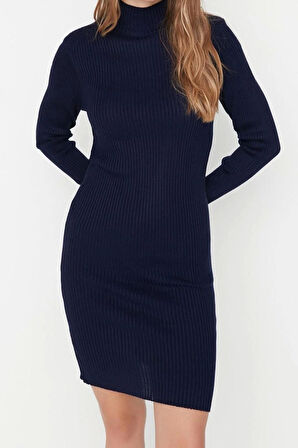 Moda Slim Casual Günlük Tek Plaka Triko Dik Yaka Uzun Kol Bodycone Mini Boy Elbise
