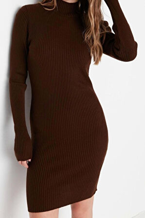 Moda Slim Casual Günlük Tek Plaka Triko Dik Yaka Uzun Kol Bodycone Mini Boy Elbise