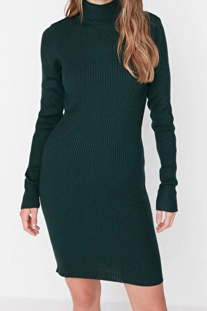 Moda Slim Casual Günlük Tek Plaka Triko Dik Yaka Uzun Kol Bodycone Mini Boy Elbise