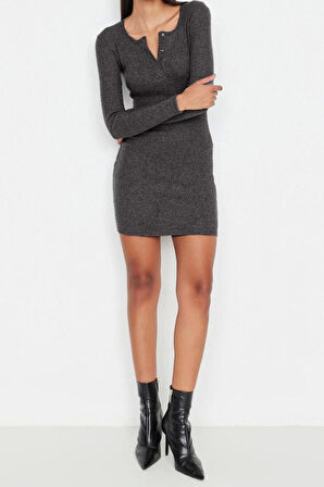 Moda Slim Casual Günlük Rejenere Kaşkorse Örme Kare Yaka Uzun Kol Bodycone Mini Boy Elbise