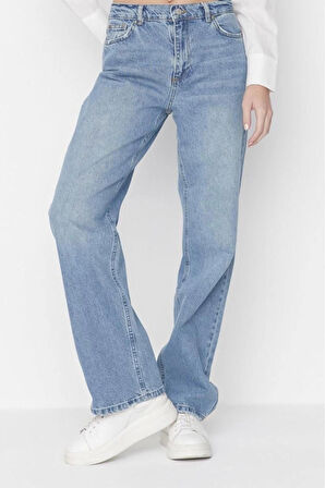 Stil Kadın Moda Denim Kot Pantolon Regular Geniş Paça Mavi Düşük Bel Jeans