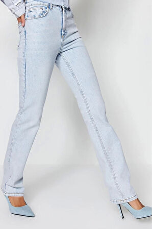 Stil Kadın Moda Denim Kot Pantolon Regular Boru Paça Yüksek Bel Jeans