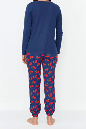 Tarz Rahat Uzun Kollu Boru Paça %100 Pamuklu Kiraz Baskılı Örme Pijama Takımı