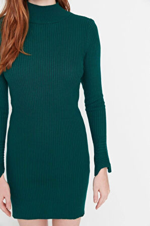 Moda Slim Casual Günlük Fitilli Triko Dik Yaka Uzun Kol Bodycone Mini Boy Elbise