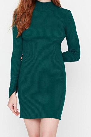 Moda Slim Casual Günlük Fitilli Triko Dik Yaka Uzun Kol Bodycone Mini Boy Elbise