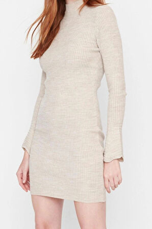 Moda Slim Casual Günlük Fitilli Triko Dik Yaka Uzun Kol Bodycone Mini Boy Elbise