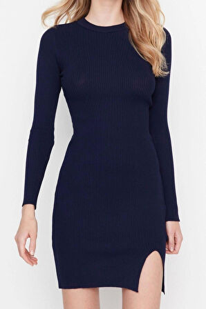 Moda Slim Gündüz Gece Tek Plaka Triko Bisiklet Yaka Uzun Kol Bodycone Mini Boy Elbise