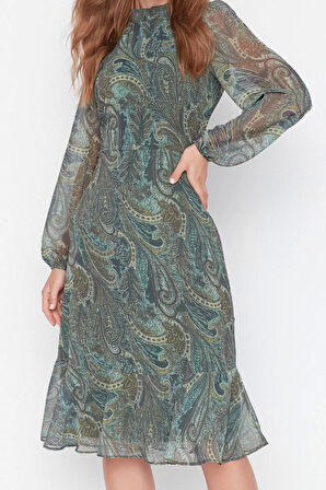 Moda Regular Gündüz Gece Şifon Dokuma Dik Yaka Uzun Kol A-Line Midi Boy Elbise