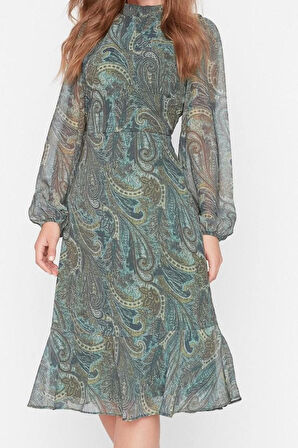 Moda Regular Gündüz Gece Şifon Dokuma Dik Yaka Uzun Kol A-Line Midi Boy Elbise