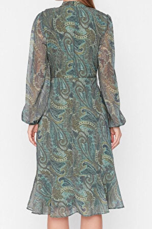 Moda Regular Gündüz Gece Şifon Dokuma Dik Yaka Uzun Kol A-Line Midi Boy Elbise