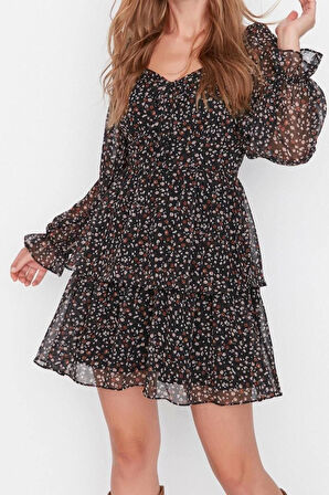 Moda Regular Gündüz Gece Şifon Dokuma Kalp Yaka Uzun Kol Skater Mini Boy Elbise