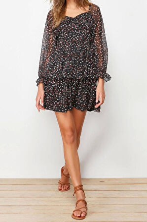 Moda Regular Gündüz Gece Şifon Dokuma Kalp Yaka Uzun Kol Skater Mini Boy Elbise