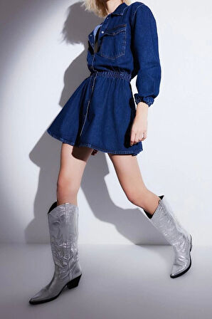 Moda Regular Mezuniyet Balo Rigid Denim Gömlek Yaka Kısa Kol Skater Kısa Boy Elbise