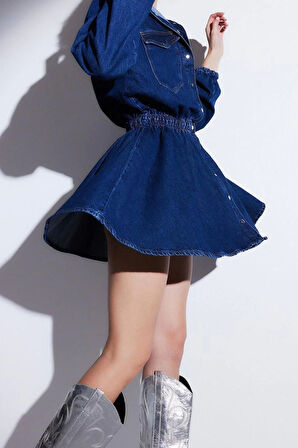 Moda Regular Mezuniyet Balo Rigid Denim Gömlek Yaka Kısa Kol Skater Kısa Boy Elbise