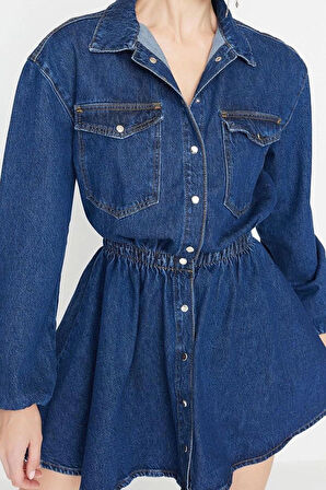 Moda Regular Mezuniyet Balo Rigid Denim Gömlek Yaka Kısa Kol Skater Kısa Boy Elbise