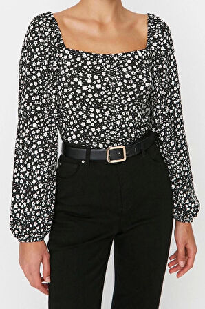 Stil Kadın Çiçek Desenli Fitted Vücuda Oturan Bürümcük Dokulu Bluz Crop Örme Regular Kalıp Balon Kol