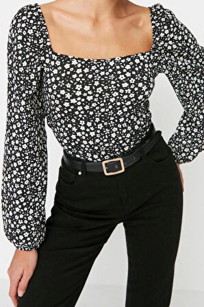 Stil Kadın Çiçek Desenli Fitted Vücuda Oturan Bürümcük Dokulu Bluz Crop Örme Regular Kalıp Balon Kol
