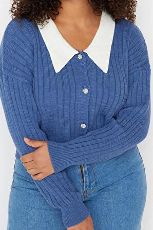 Büyük Beden Kadın Modern Tarz Rahat Uzun Gömlek Yaka Düz Kol Regular Triko Hırka