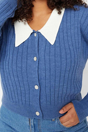 Büyük Beden Kadın Modern Tarz Rahat Uzun Gömlek Yaka Düz Kol Regular Triko Hırka