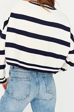 Kadın Modern Tarz Rahat Uzun Bisiklet Yaka Çizgili Kol Crop Triko Kazak