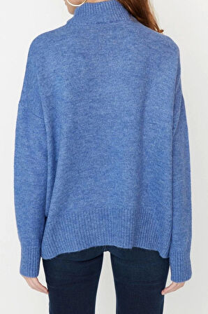 Kadın Modern Tarz Rahat Uzun Dik Yaka Düz Kol Regular Triko Kazak