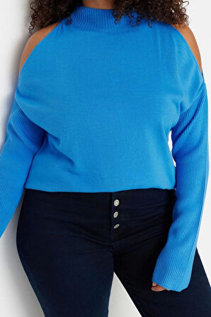 Büyük Beden Kadın Modern Tarz Rahat Uzun Dik Yaka Düz Kol Regular Triko Kazak