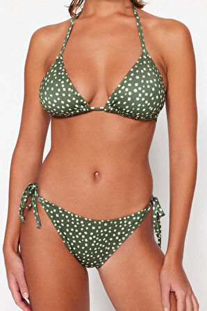 Moda Puantiyeli Atma Kap Bralette Normal Bel Brief Batik Desenli Üçgen Bağlamalı Bikini Takımı