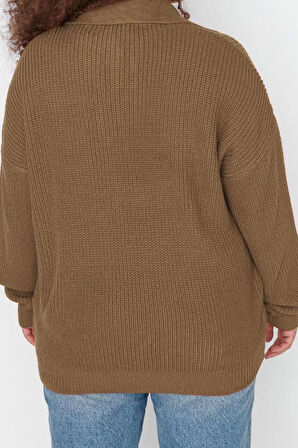 Büyük Beden Kadın Modern Tarz Rahat Uzun Polo Yaka Düz Kol Regular Triko Kazak