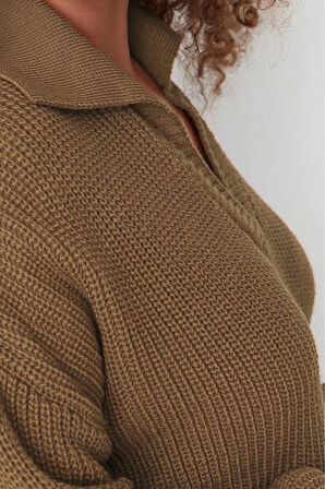 Büyük Beden Kadın Modern Tarz Rahat Uzun Polo Yaka Düz Kol Regular Triko Kazak