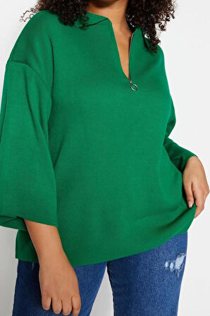 Büyük Beden Kadın Modern Tarz Rahat Uzun Polo Yaka Düz Kol Regular Triko Kazak