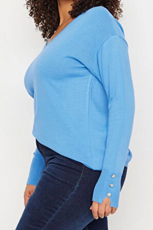 Büyük Beden Kadın Modern Tarz Rahat Uzun V Yaka Düz Kol Regular Triko Kazak