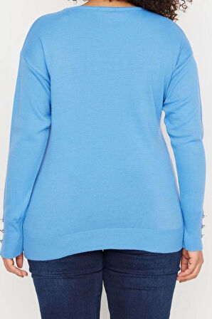 Büyük Beden Kadın Modern Tarz Rahat Uzun V Yaka Düz Kol Regular Triko Kazak