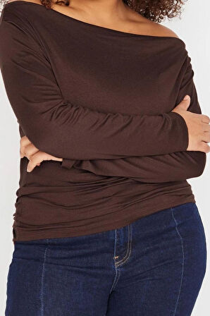 Moda Büyük Beden Carmen Yaka Örme Fit Düz Desen Casual Günlük Regular Uzun Kol Bluz