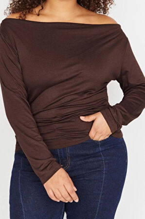 Moda Büyük Beden Carmen Yaka Örme Fit Düz Desen Casual Günlük Regular Uzun Kol Bluz