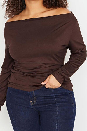 Moda Büyük Beden Carmen Yaka Örme Fit Düz Desen Casual Günlük Regular Uzun Kol Bluz