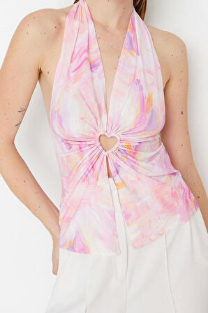 Moda V Yaka Örme Regular Soyut Desen Şık gece Crop Kolsuz Bluz