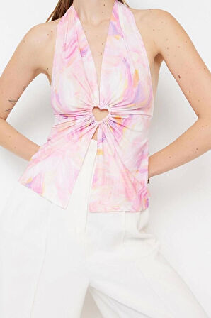 Moda V Yaka Örme Regular Soyut Desen Şık gece Crop Kolsuz Bluz