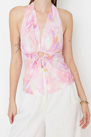 Moda V Yaka Örme Regular Soyut Desen Şık gece Crop Kolsuz Bluz