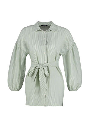 Moda Kadın Tesettür Gömlek Yaka Çizgili Günlük Çizgili Kuşaklı Balon Kol Arkası Uzun Dokuma Gömlek